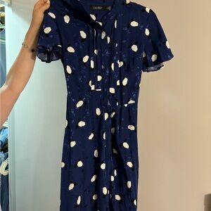 Ralph Lauren Navy and White Polka Dot Midi Dress